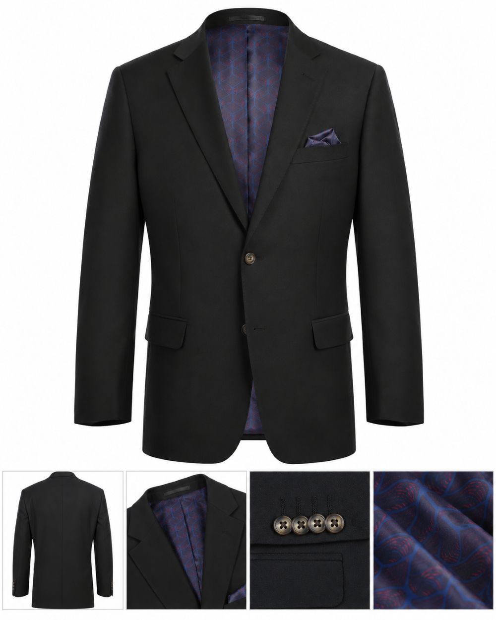 A men's black blazer jacket with a purple patterned lining and matching pocket square, shown on a white background with four detail inset images along the bottom showing the back view, lapel interior, buttons, and fabric texture.