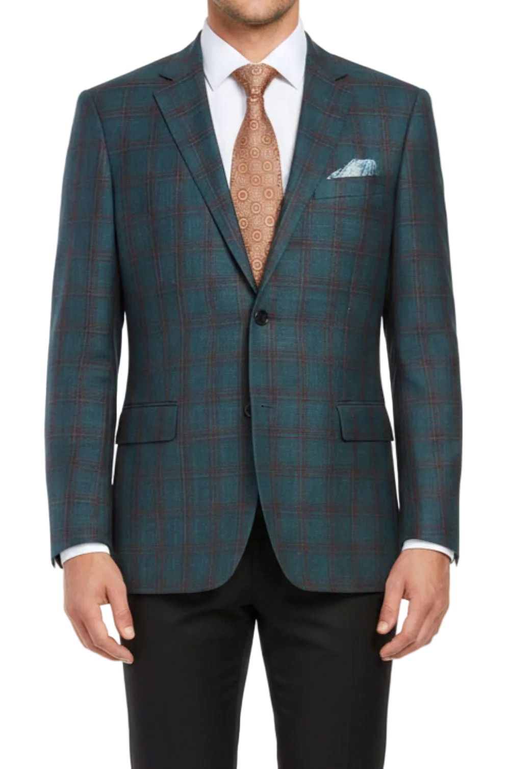 Green checkered suit jacket with a patterned tie and pocket square on a white background