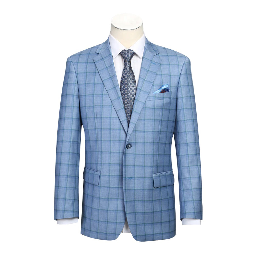 Men's Blue Classic Fit Wool Plaid Blazer
