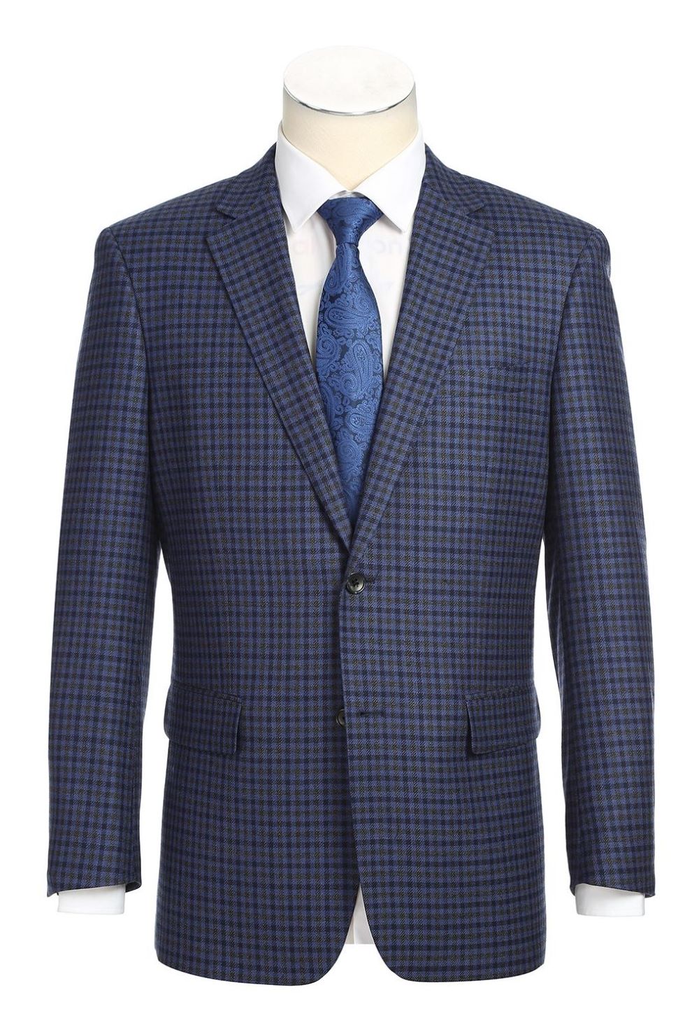 Wool Blend Regular Fit 2 Button Mini Check Pattern Sports Coat In Blue
