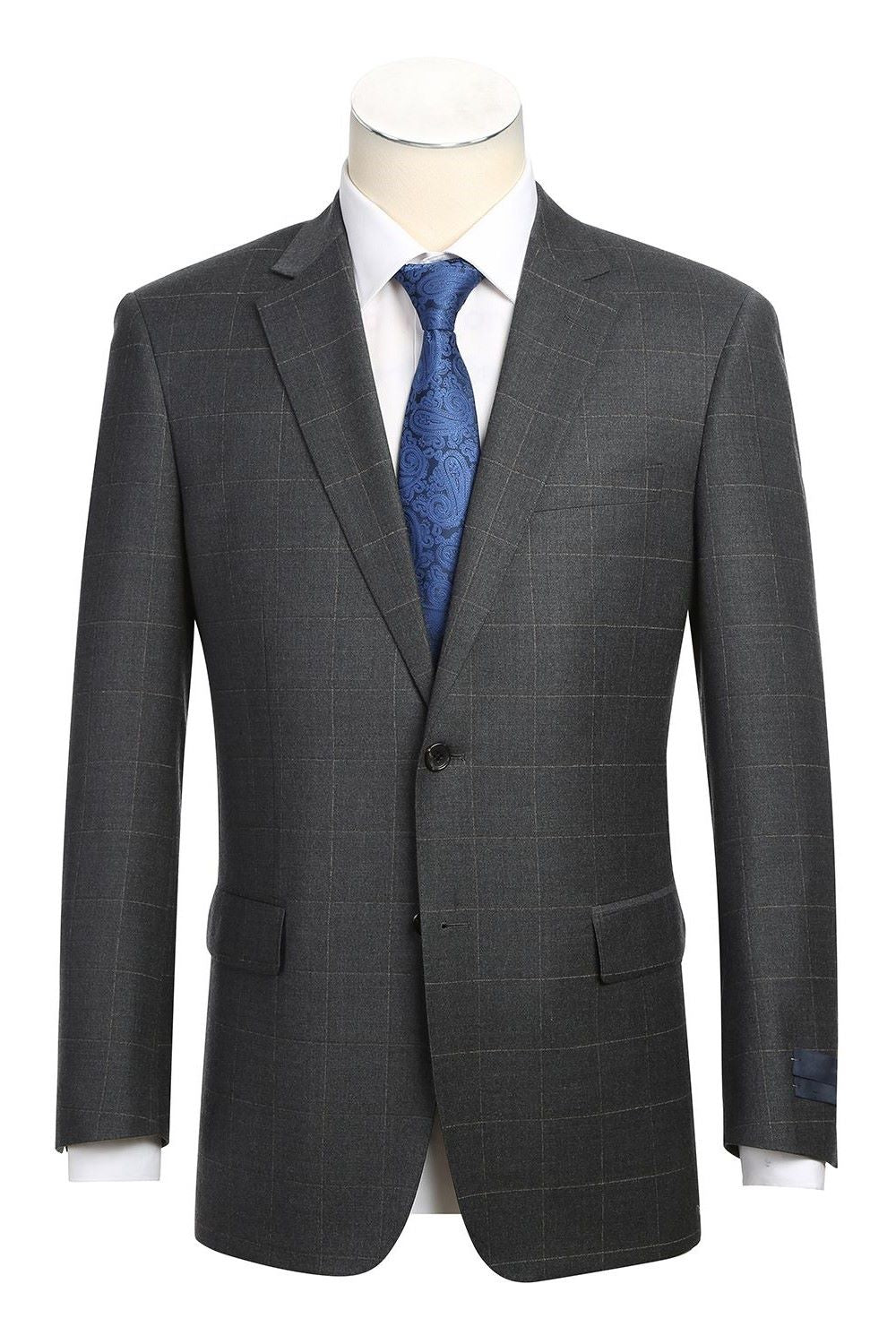 Gray Regular Fit Wool Blend Windowpane 2 Piece Suit