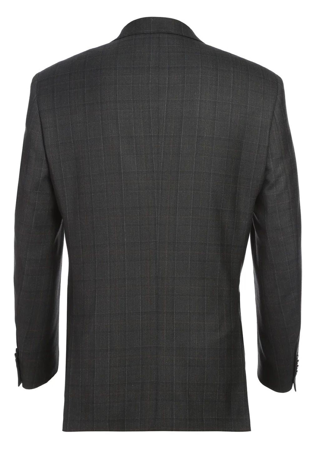 Back view of a gray checkered suit jacket on a white background