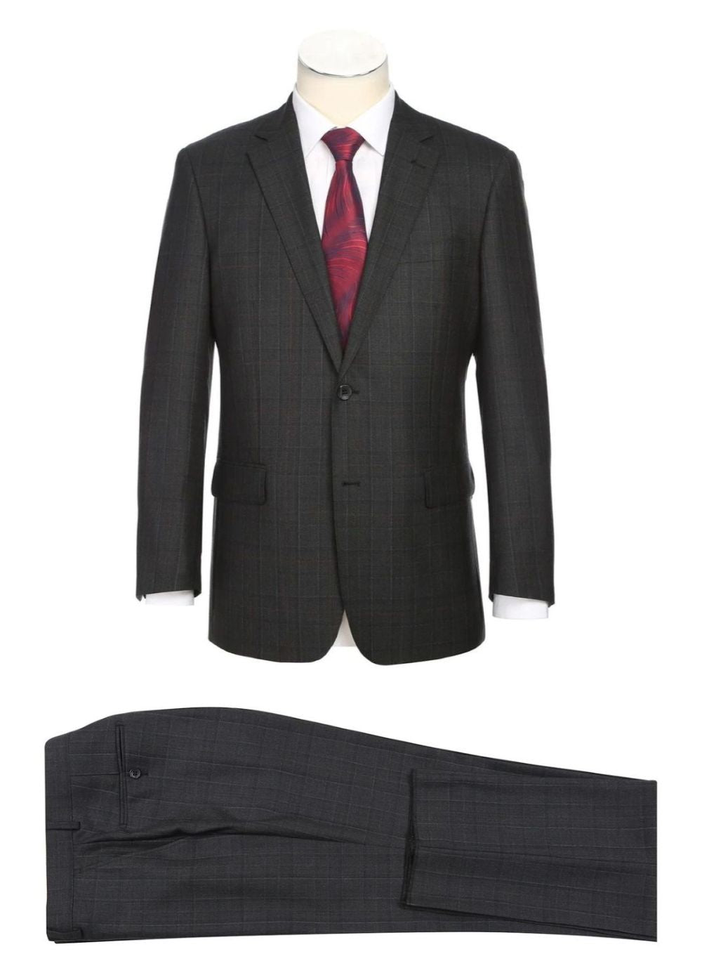 Detail shot of a Renoir black regular fit Glen Plaid suit jacket, showcasing its refined pattern and accompanying tie.