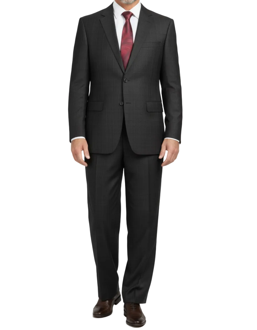Regular Fit Black 2 Piece Wool Blend Glen Plaid Suit