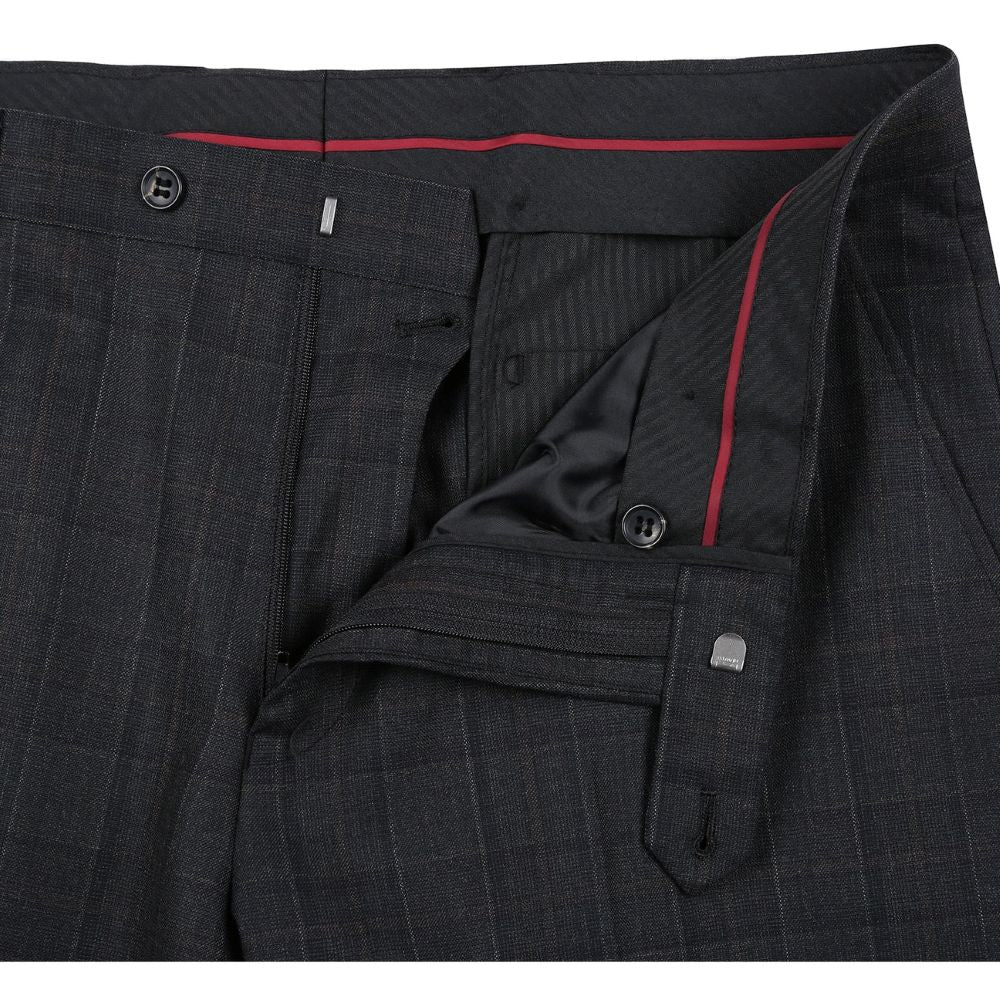 Renoir black Glen Plaid suit fabric detail, showcasing its luxurious texture and sophisticated pattern.