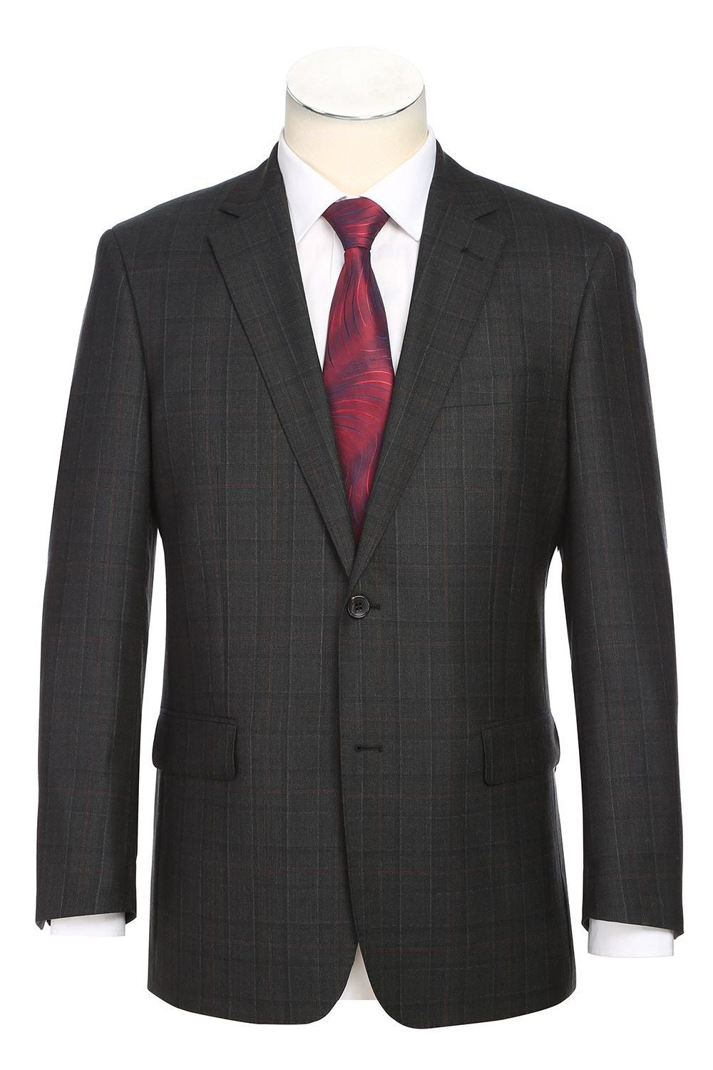 Charcoal Regular Fit Wool Blend Windowpane 2 Piece Suit