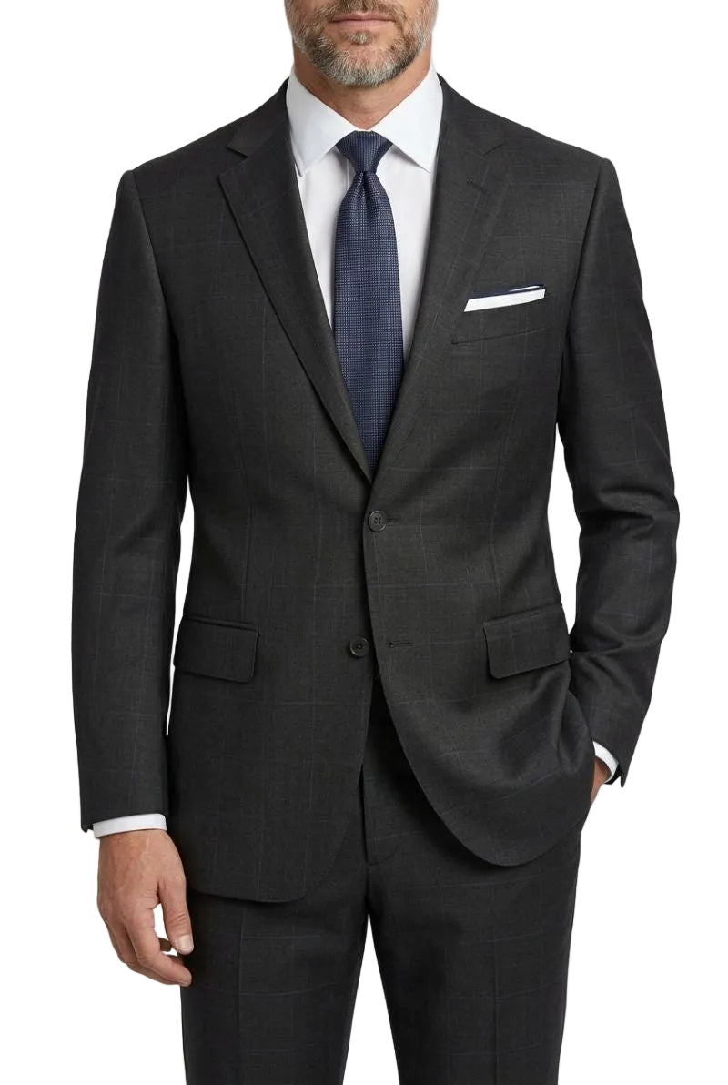 Men's Regular Fit 2-Piece Wool Blend Windowpane Suit - Brown