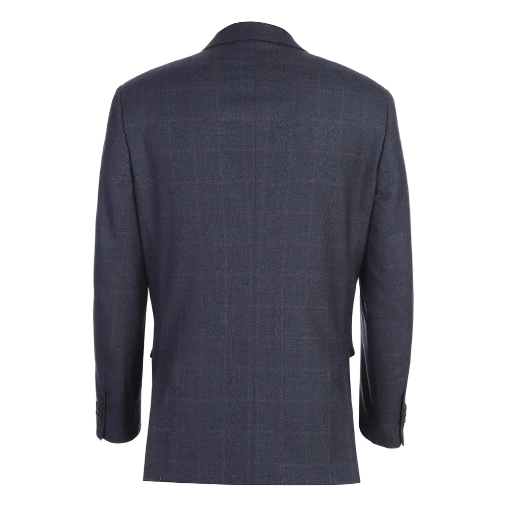 Back view of a Navy checkered suit jacket on a white background