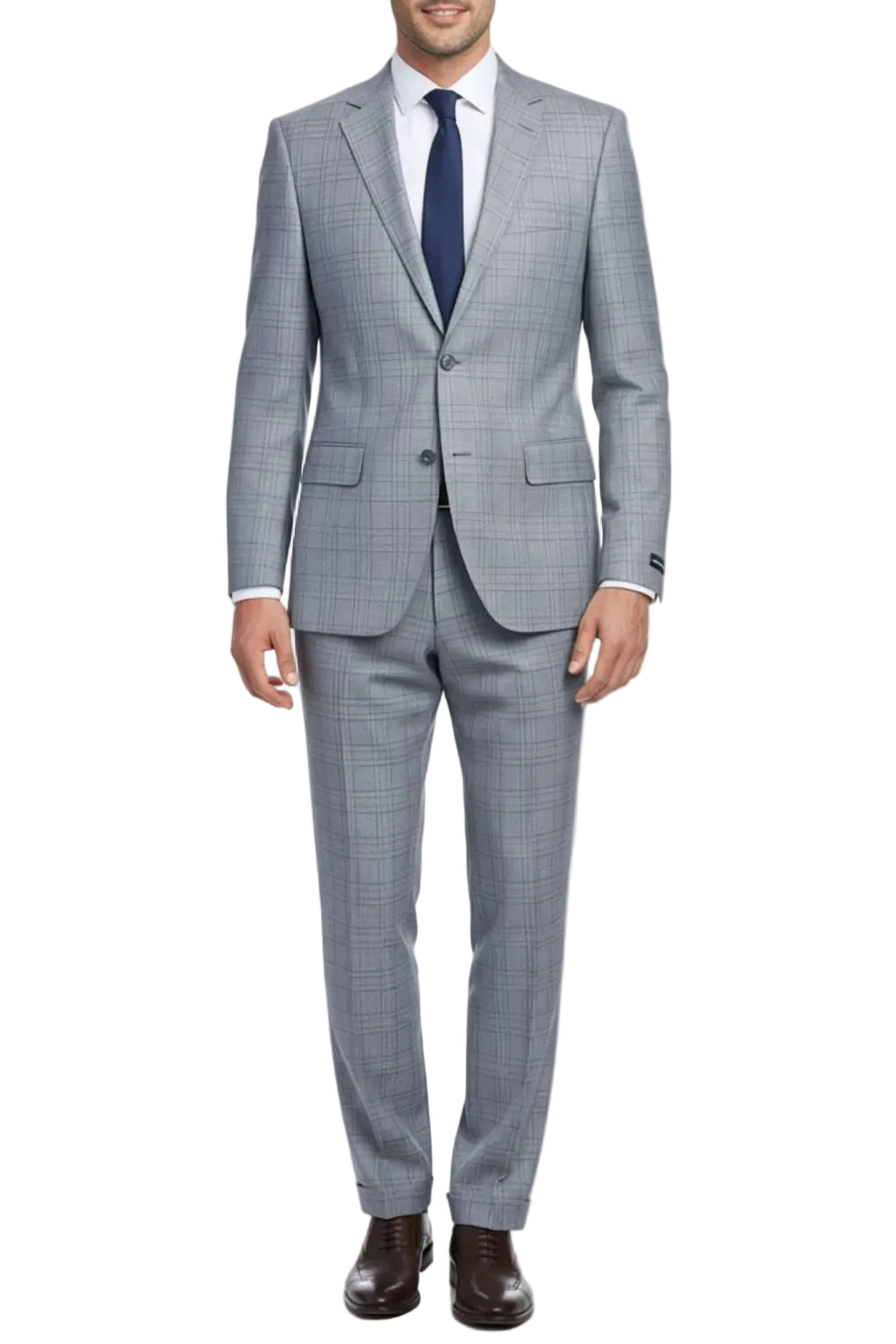 Gray checkered suit with a blue tie on a white background