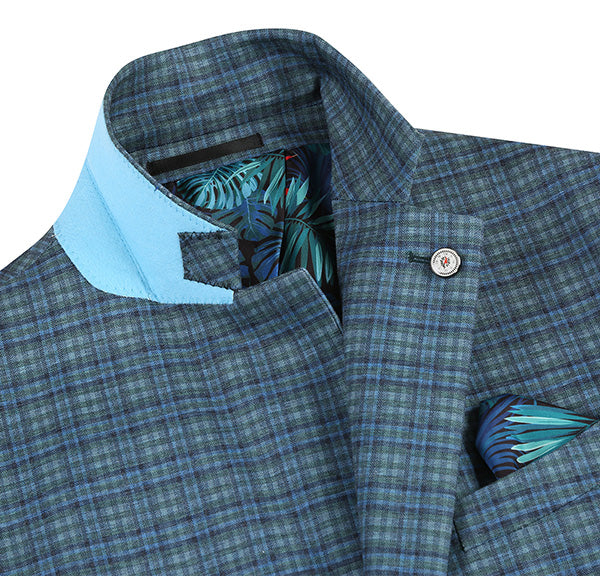 Half Canvas Slim Fit Blazer in Green Blue Check