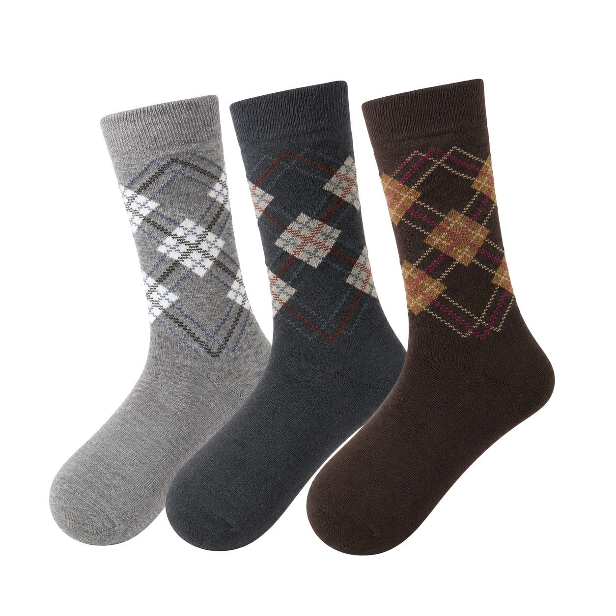 Three pairs of plaid patterned socks in gray, black, and brown on a white background.