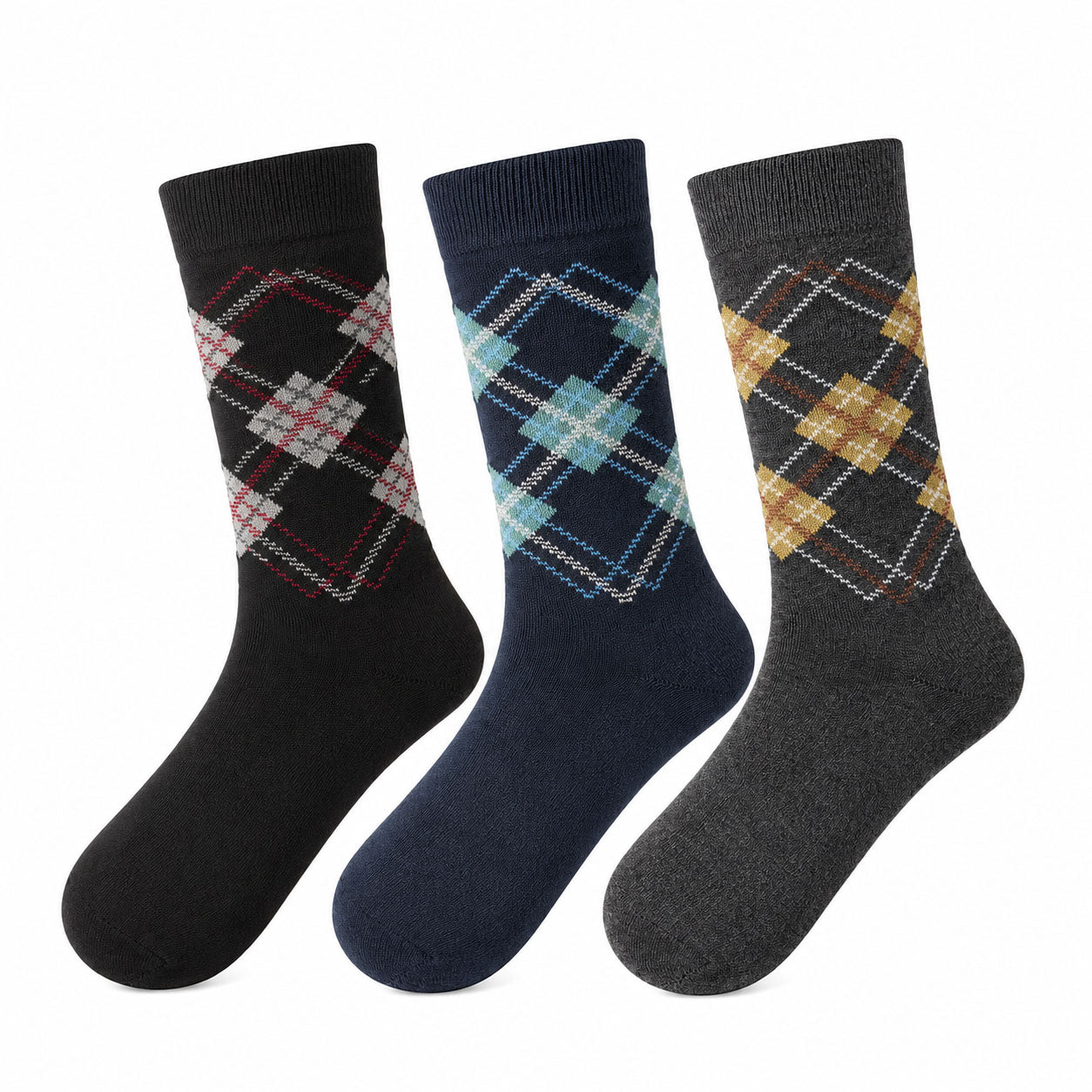 Three pairs of plaid socks in black, blue, and gray on a white background