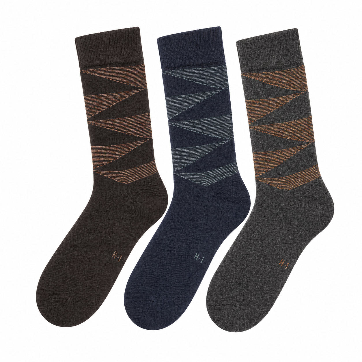 Men's 3 Pack Triangle Pattern Crew Socks - Navy/Brown/Gray
