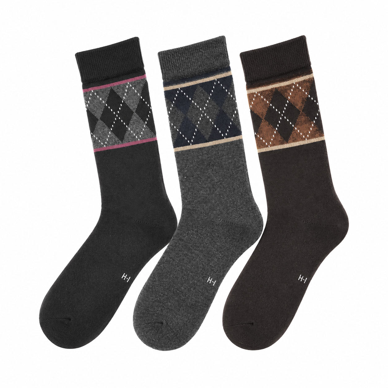 Men's 3 Pack Classic Argyle Stripe Crew Socks - Black/Gray/Brown