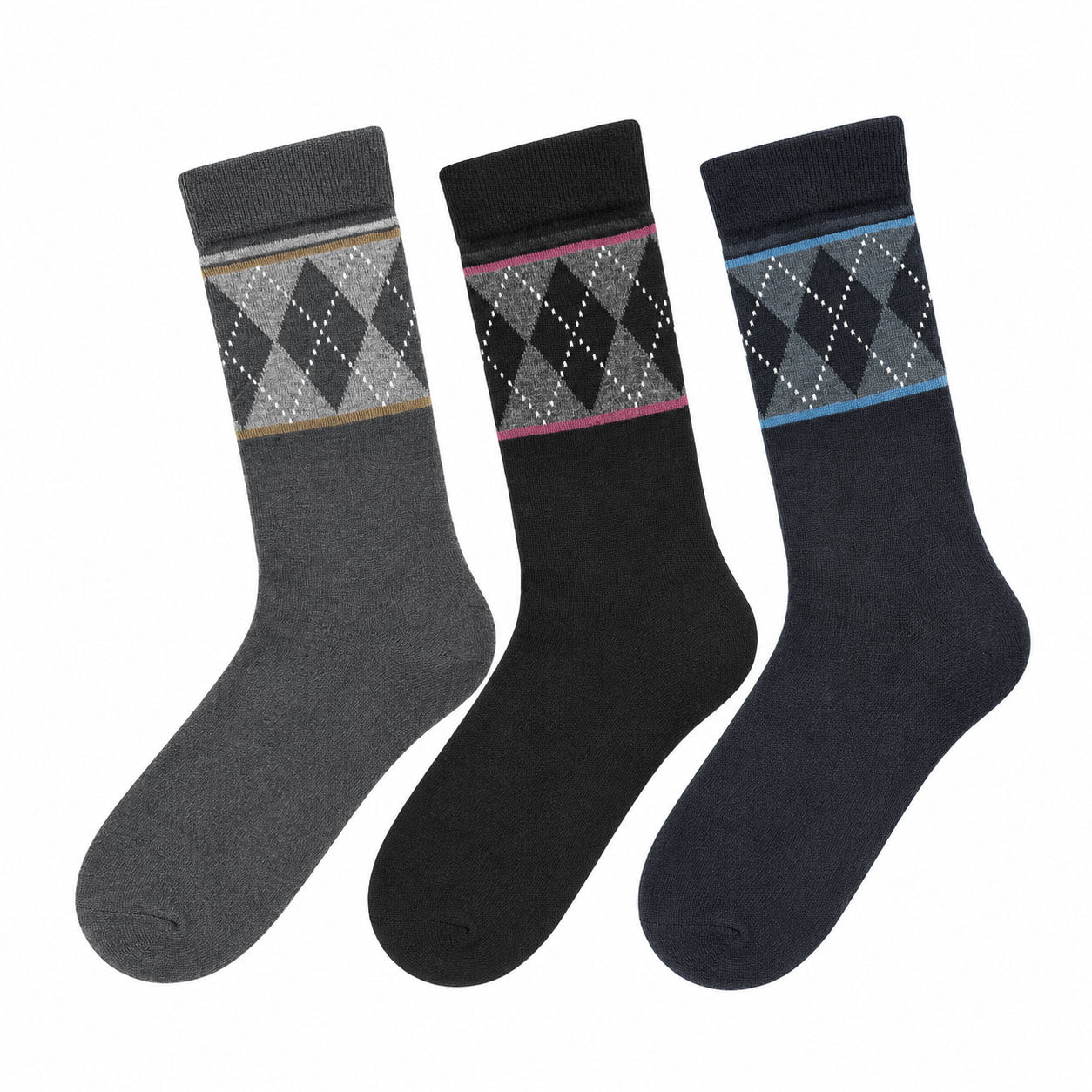 Men's 3 Pack Classic Argyle Stripe Crew Socks - Black/Navy/Gray