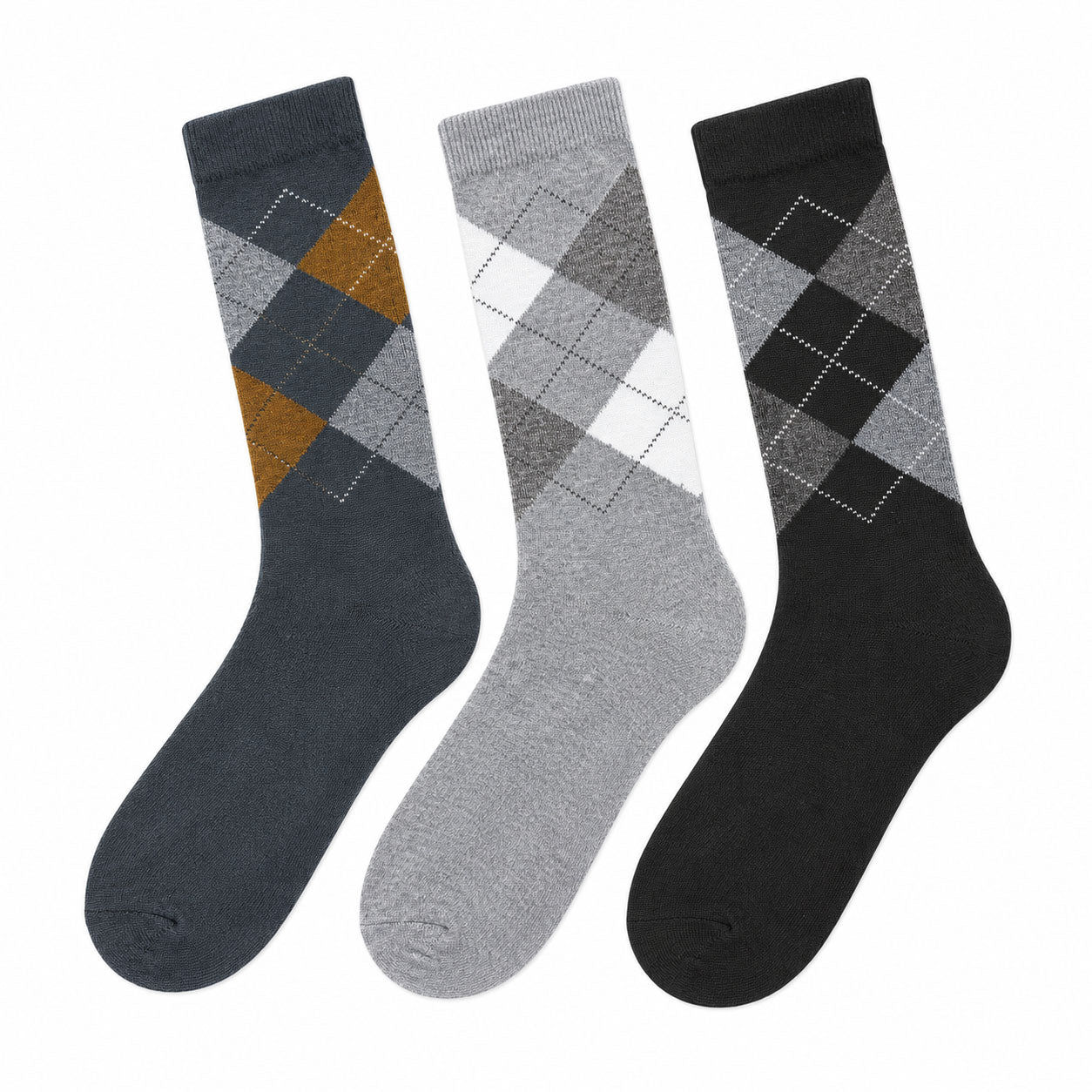 Men's 3 Pack Classic Diamond Pattern Crew Socks - Black/Charcoal/Gray