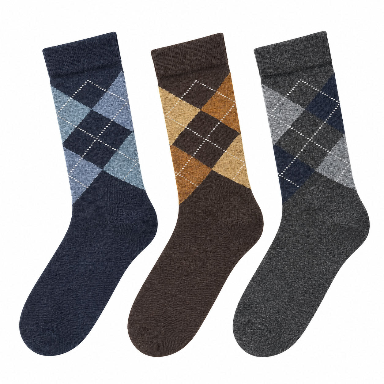 Men's 3 Pack Classic Diamond Pattern Crew Socks - Navy/Brown/Gray