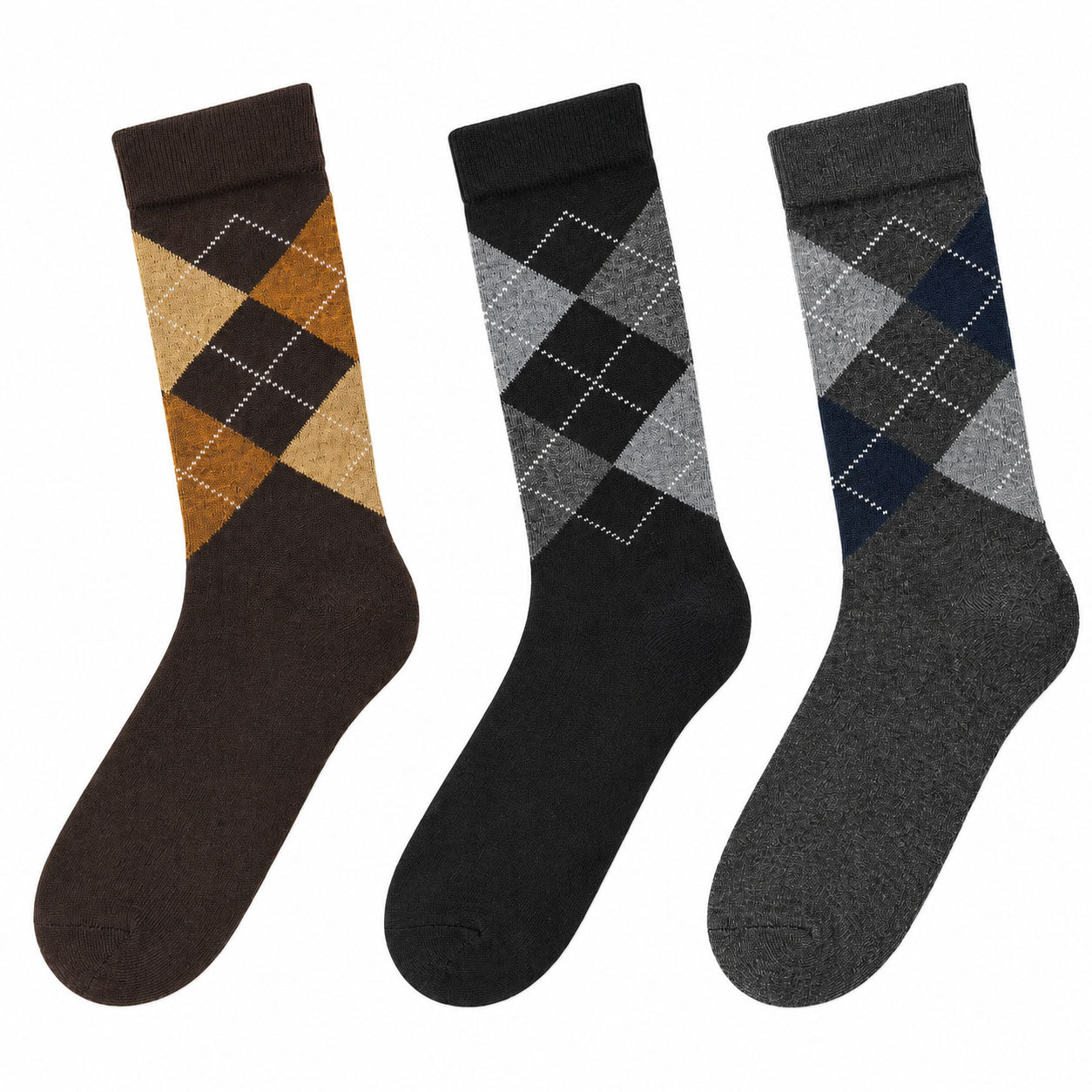 Lot de 3 paires de chaussettes mi-mollet à carreaux et losanges pour homme - Noir/Gris