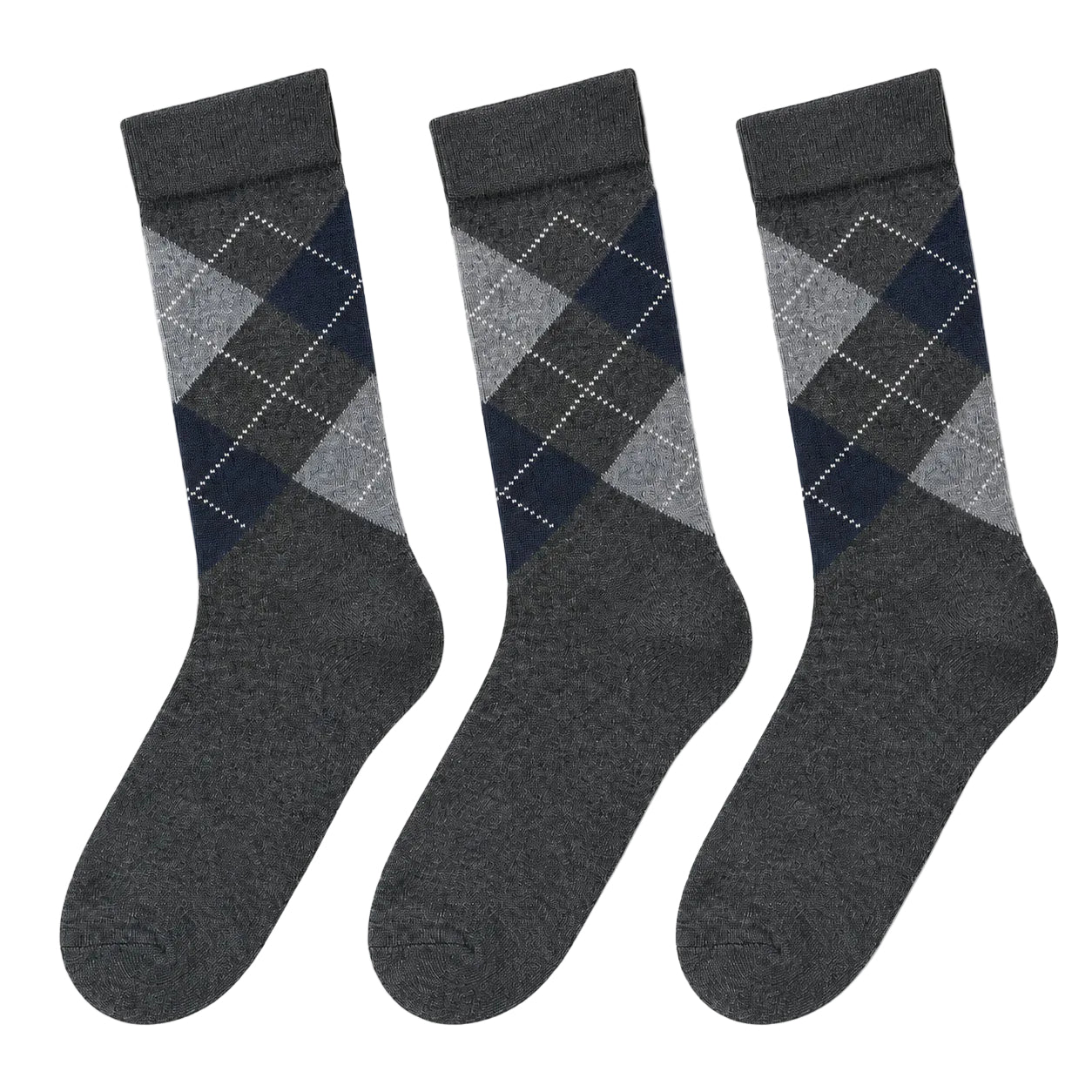 Three pairs of gray argyle socks on a white background