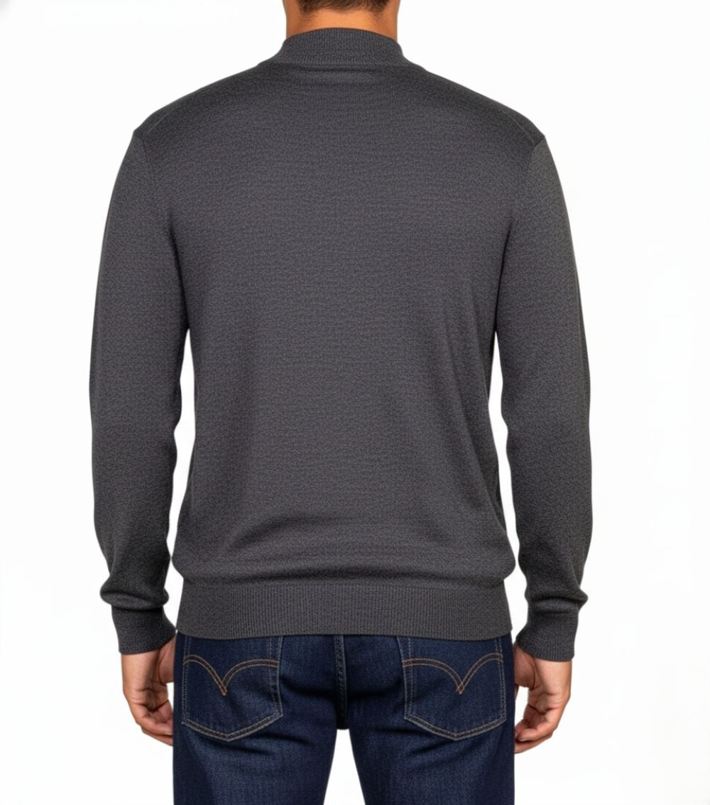 Solid Stacy Adams Men's Mock Knit Dark Gray Sweater sleeve with pocket detail on white background.