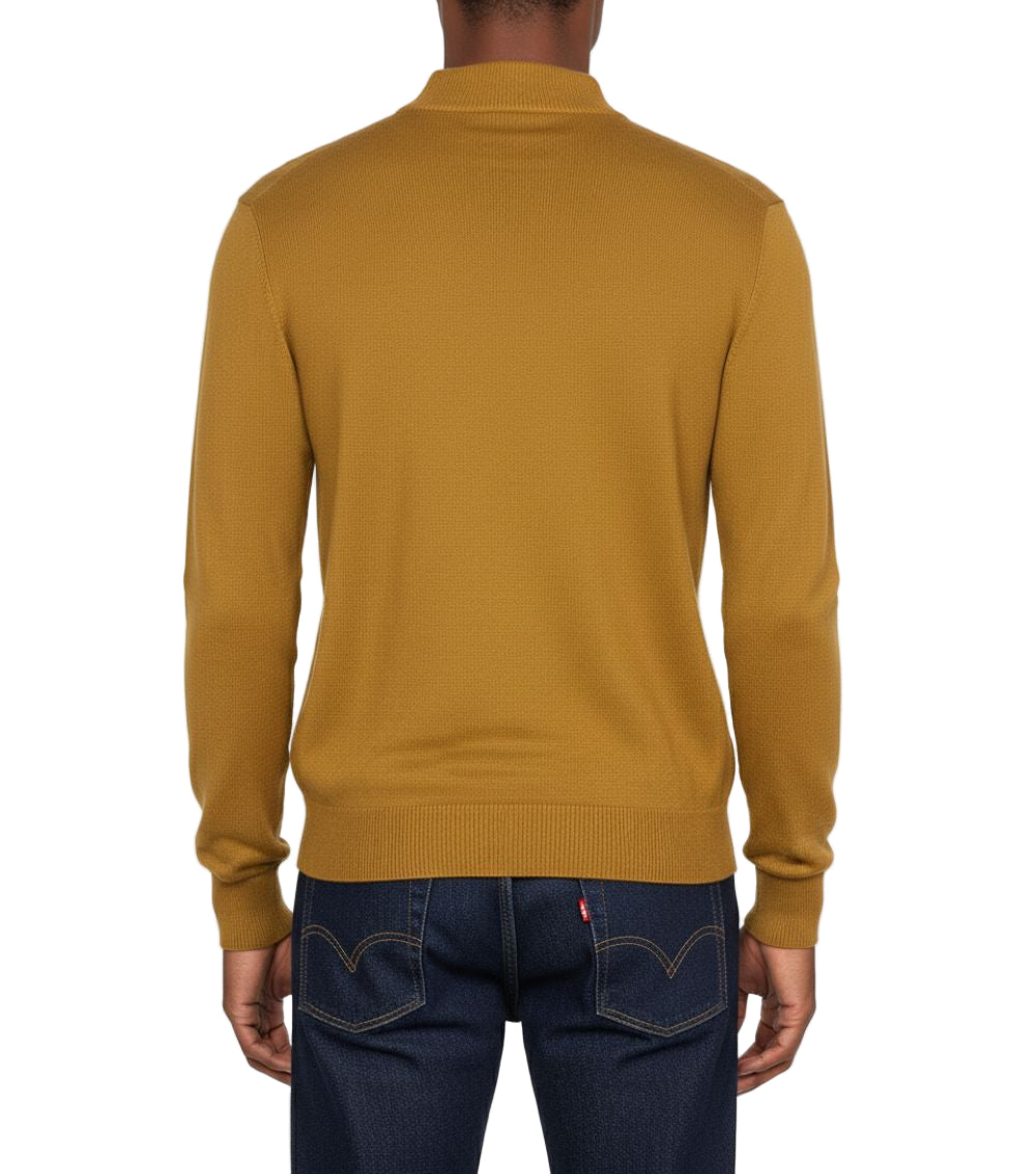 Close-up of the solid gold mock knit sleeve on the Stacy Adams men's sweater.