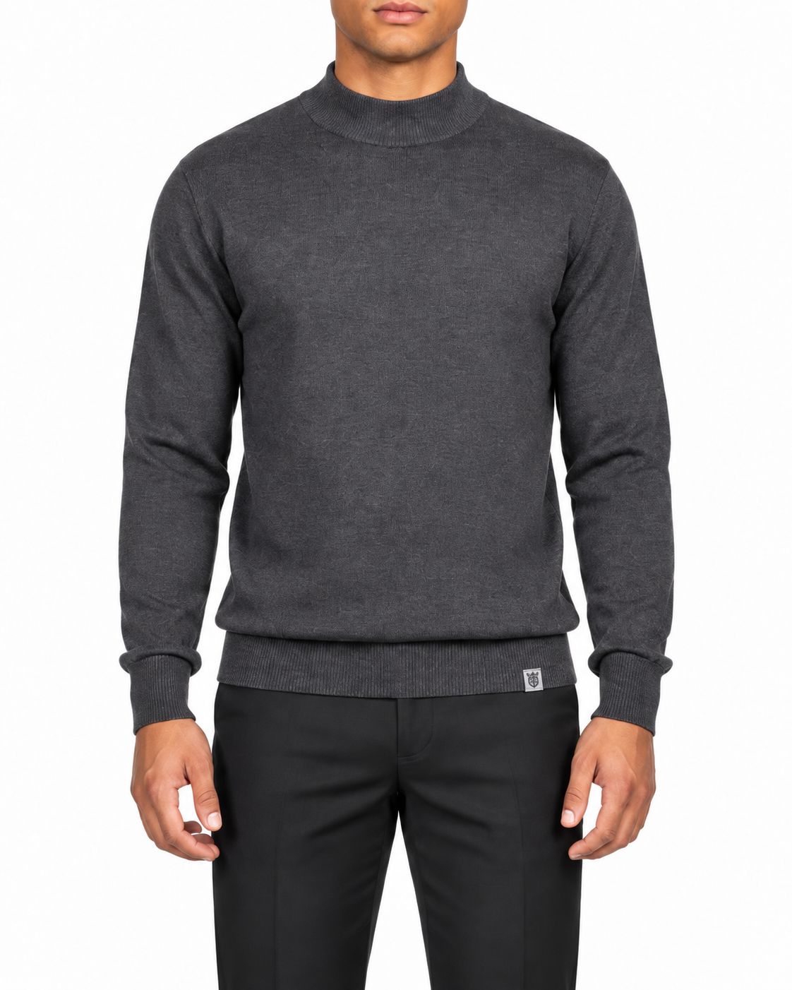Dark gray men's regular-fit mock-knit long-sleeve sweater, front view