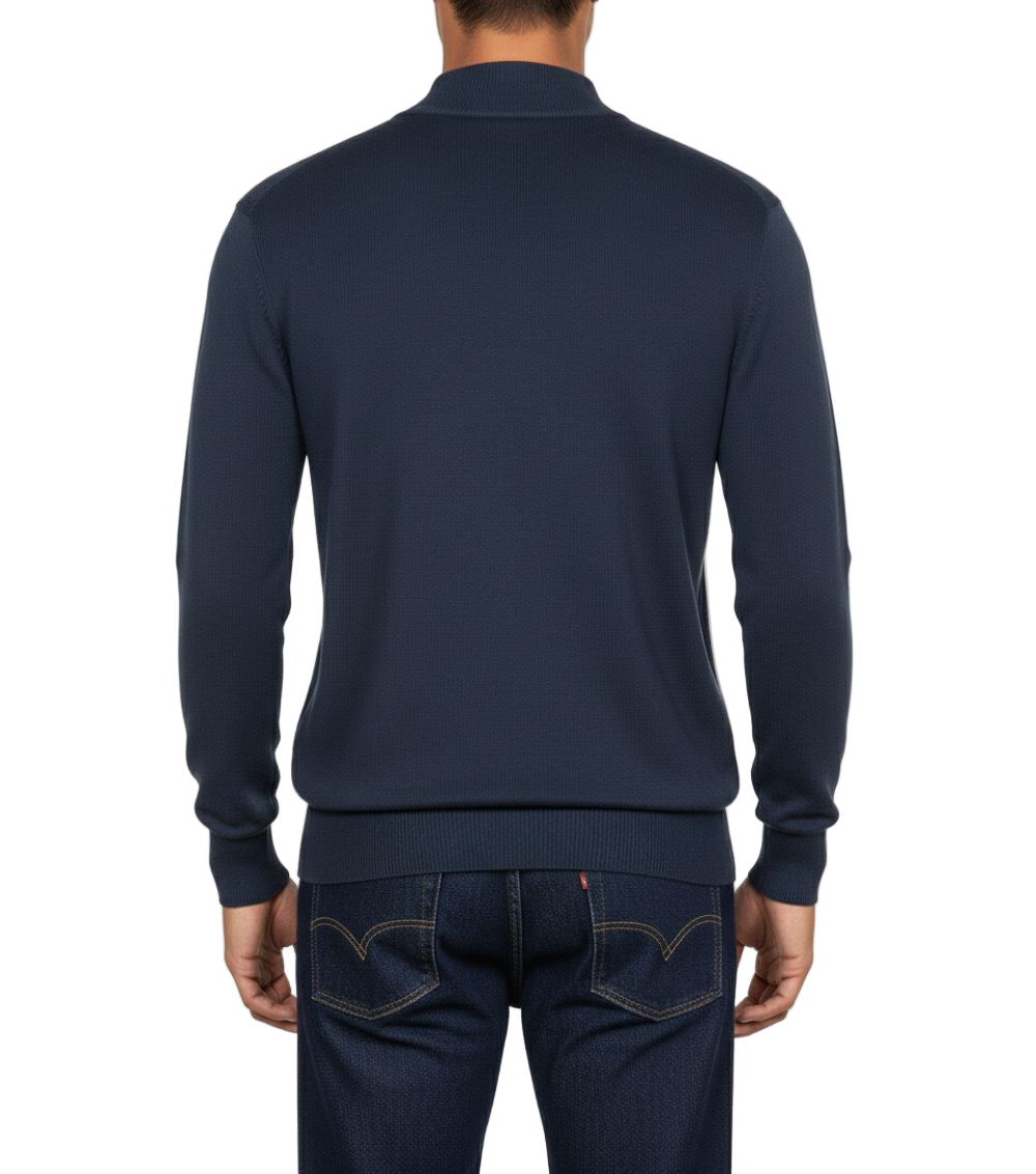 Close-up of the solid navy sleeve on the Stacy Adams - Men’s Mock Knit Navy Sweater, featuring a visible pocket.