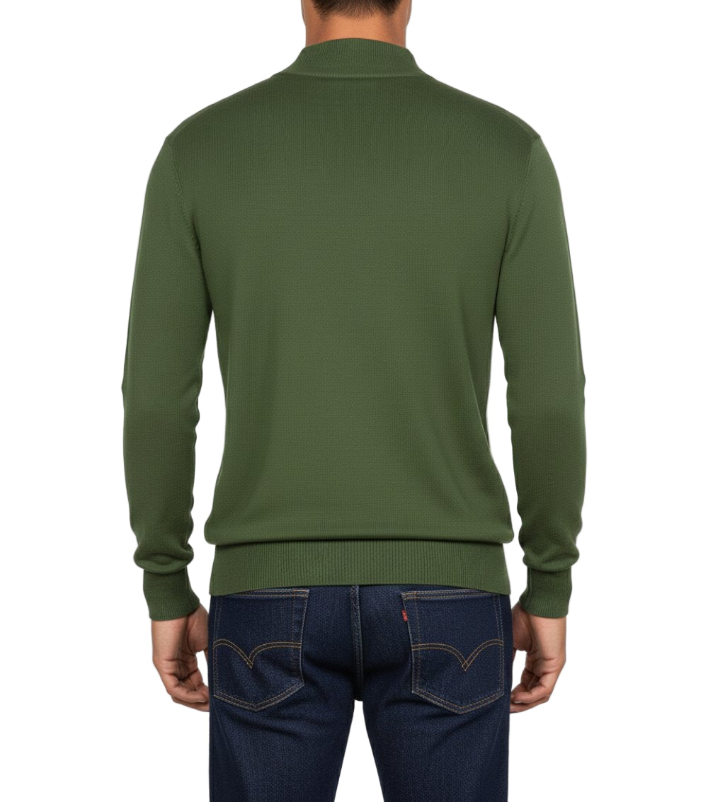 Stacy Adams men's mock knit olive sweater, solid pattern, showing sleeve and pocket details.