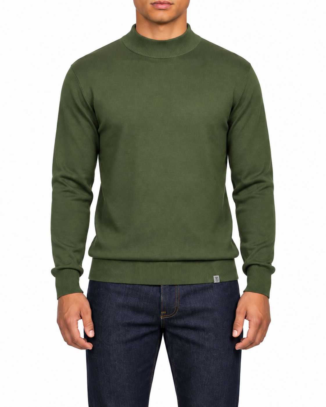 Olive men's regular-fit mock-knit long-sleeve sweater, front view