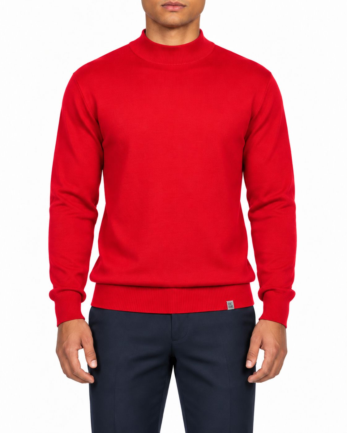Suéter rojo de corte regular para hombre en tejido de punto fino y manga larga, vista frontal