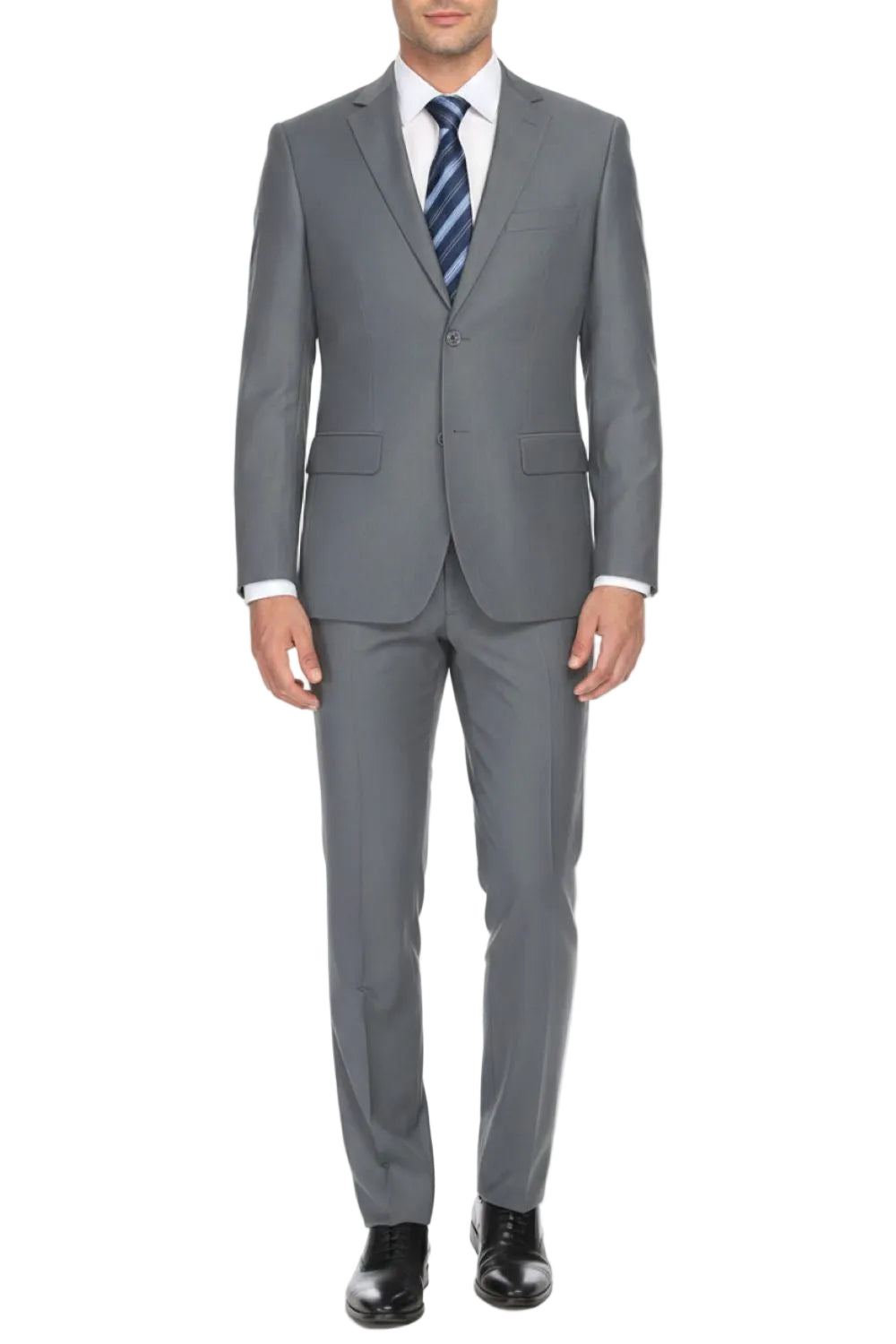 Gray suit with a striped tie on a white background
