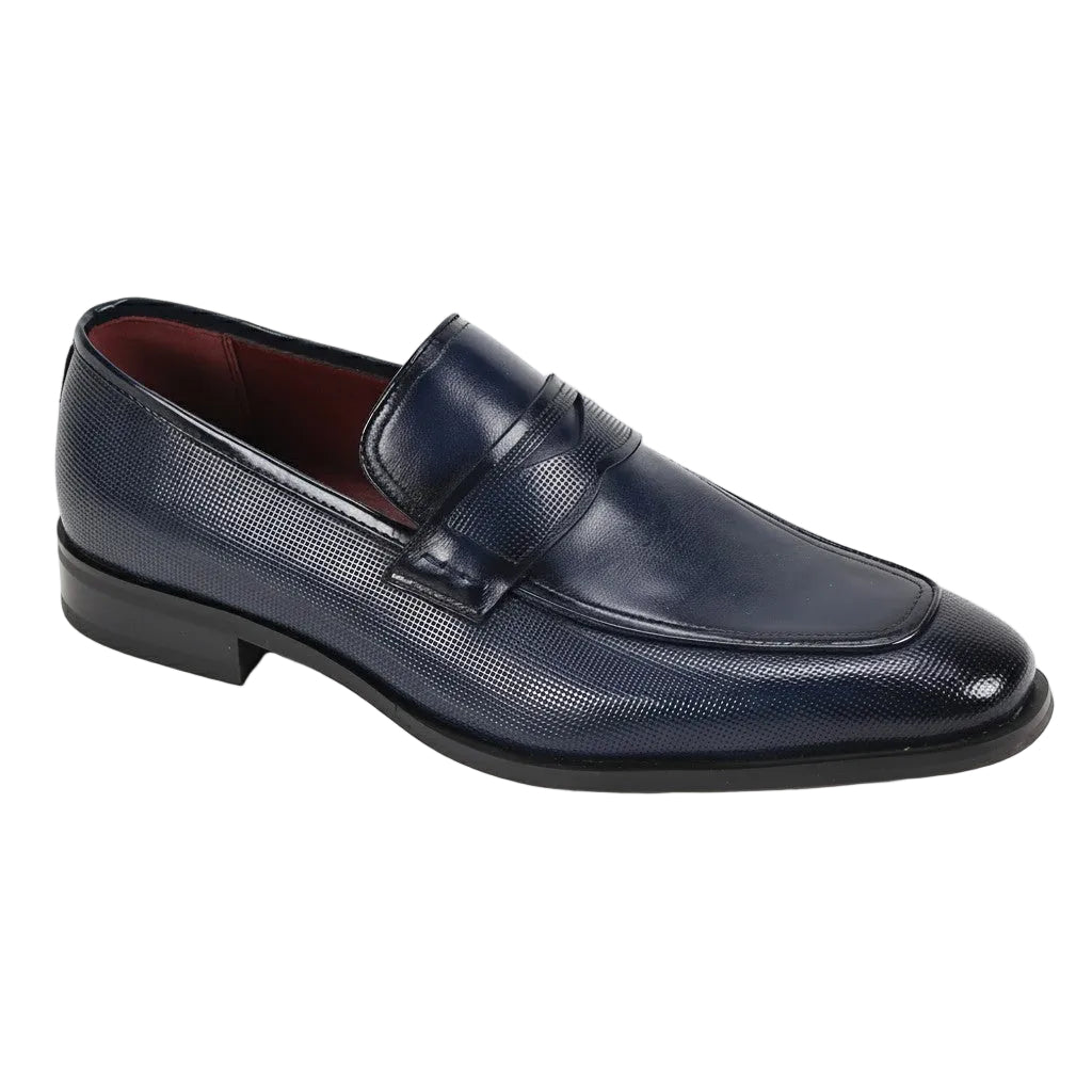 Navy Leather Moc-Toe Strap Penny Loafer