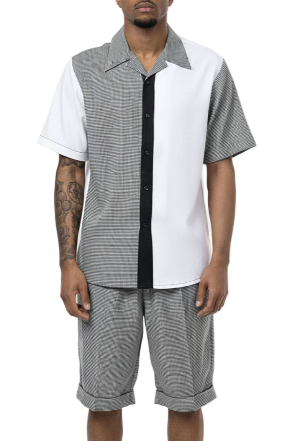 Houndstooth sleeve, collar, buttons, and pocket of the Black Houndstooth 2 Piece Short Sleeve Walking Suit Set.