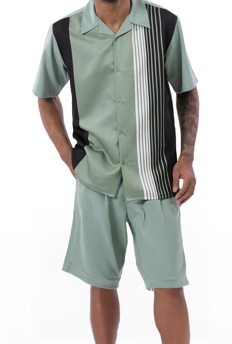 Apple Vertical Stripe Walking Suit 2 Piece Set Short Sleeve Shirt with Shorts