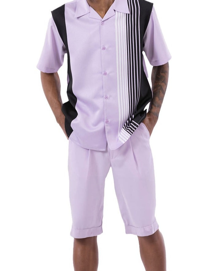 Lavender Vertical Stripe Walking Suit 2 Piece Set Short Sleeve Shirt with Shorts