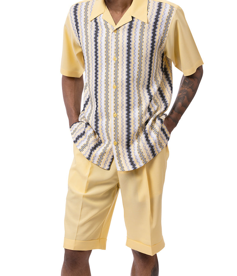 Canary Yellow Vertical Mini Plaid Walking Suit 2 Piece Set Short Sleeve Shirt with Shorts
