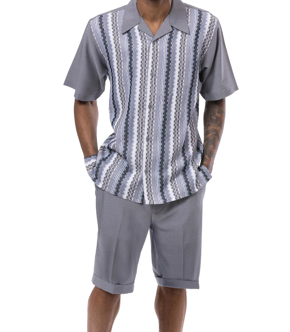 Gray Vertical Mini Plaid Walking Suit 2 Piece Set Short Sleeve Shirt with Shorts