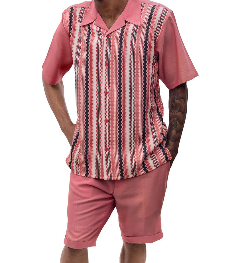 Pink Vertical Mini Plaid Walking Suit 2 Piece Set Short Sleeve Shirt with Shorts