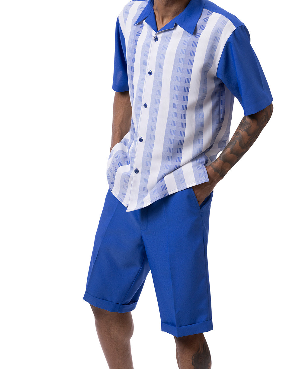 Royal Blue Color Striped Walking Suit 2 Piece Short Sleeve Set with Shorts