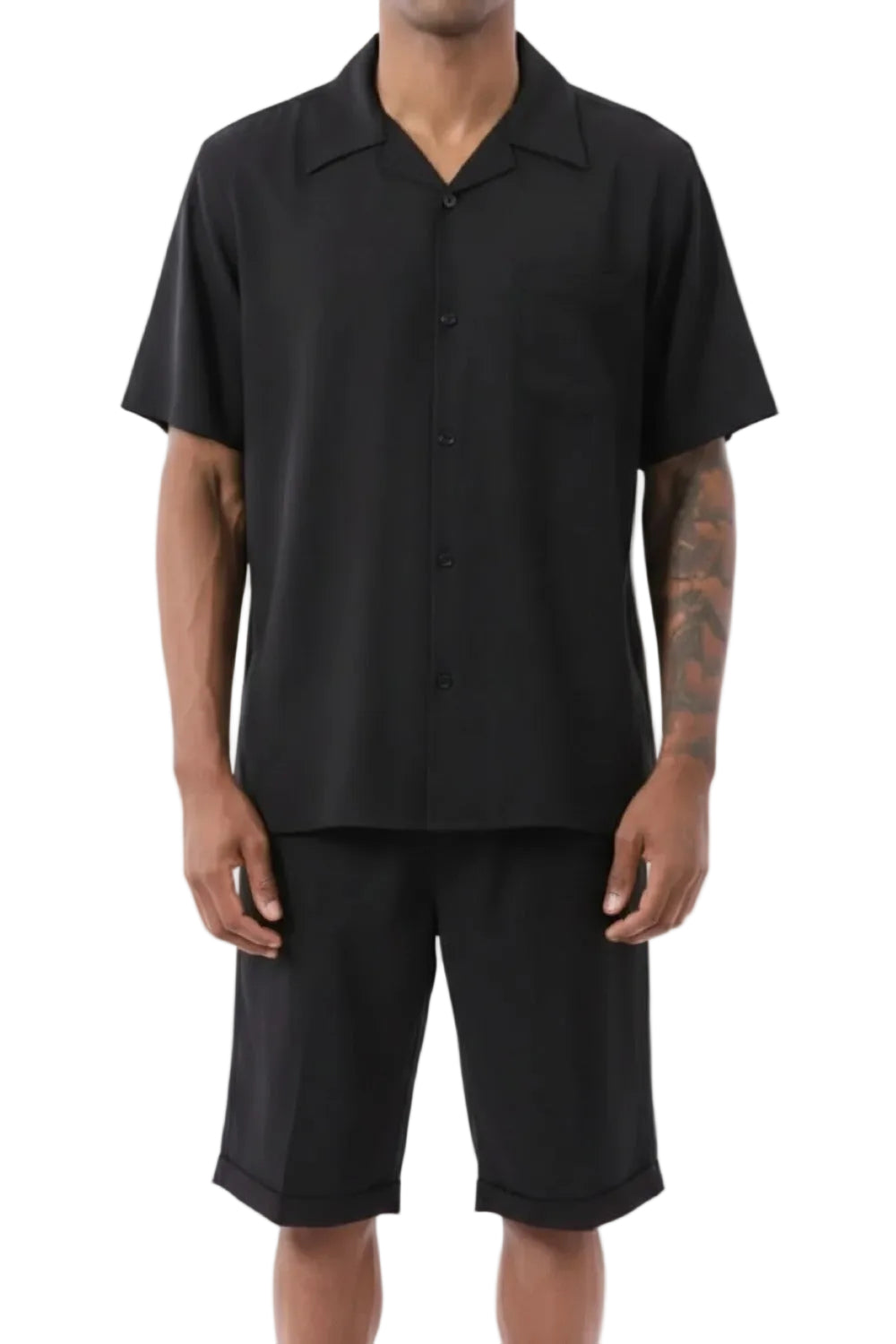 Black 2 Piece Short Sleeve Walking Suit Set with Elastic Waistband Shorts