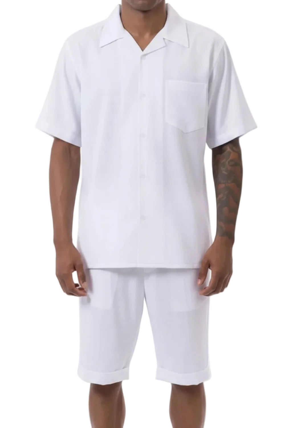 White 2 Piece Short Sleeve Walking Suit Set with Elastic Waistband Shorts