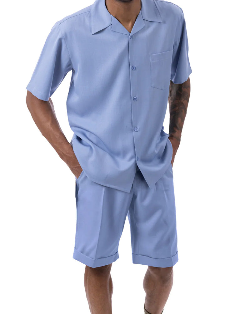 Carolina Blue 2 Piece Short Sleeve Walking Suit Set with Elastic Waistband Shorts