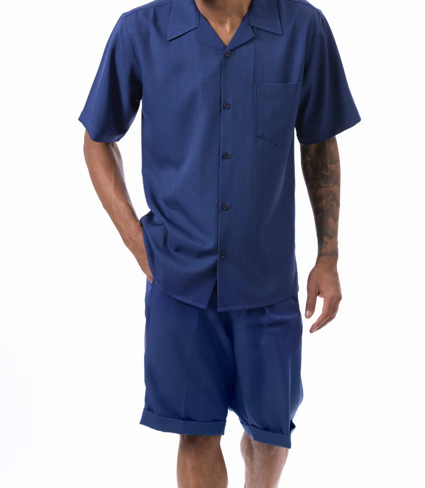 Navy 2 Piece Short Sleeve Walking Suit Set with Elastic Waistband Shorts