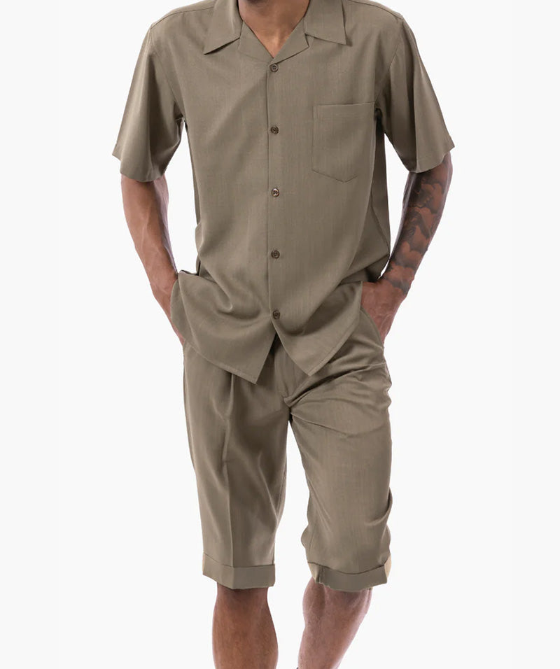 Olive 2 Piece Short Sleeve Walking Suit Set with Elastic Waistband Shorts