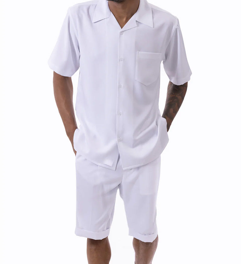 White 2 Piece Short Sleeve Walking Suit Set with Elastic Waistband Shorts
