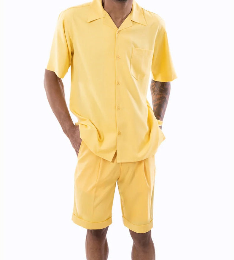 Canary Yellow 2 Piece Short Sleeve Walking Suit Set with Elastic Waistband Shorts