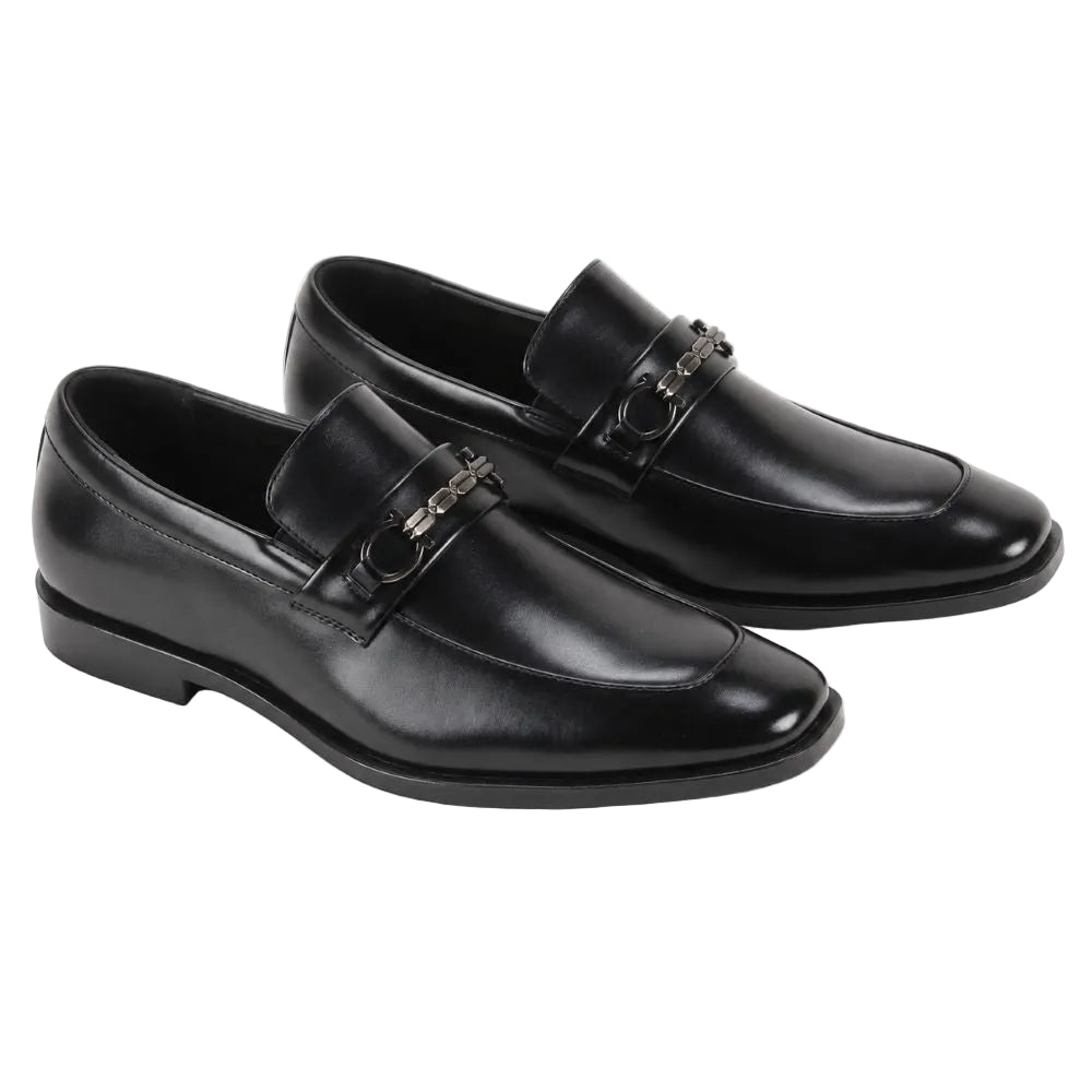 A pair of black leather penny loafers with silver-tone metal hardware on the vamp, displayed on a clean white background.