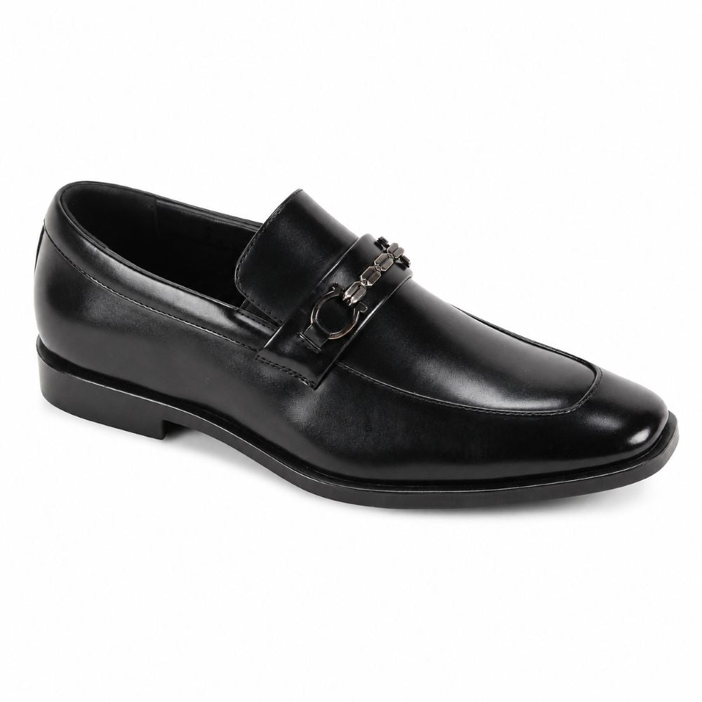 A black leather penny loafer with a decorative metal horsebit detail across the vamp, shown from a three-quarters angle on a white background.