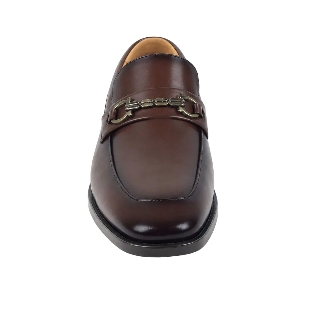 A single dark brown leather loafer with a decorative horsebit hardware strap across the vamp, shown from a front-facing perspective on a white background.