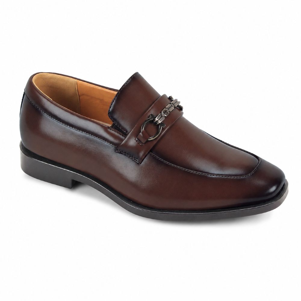 A dark brown leather penny loafer with a decorative metal ring and chain detail across the vamp, shown on a plain white background.